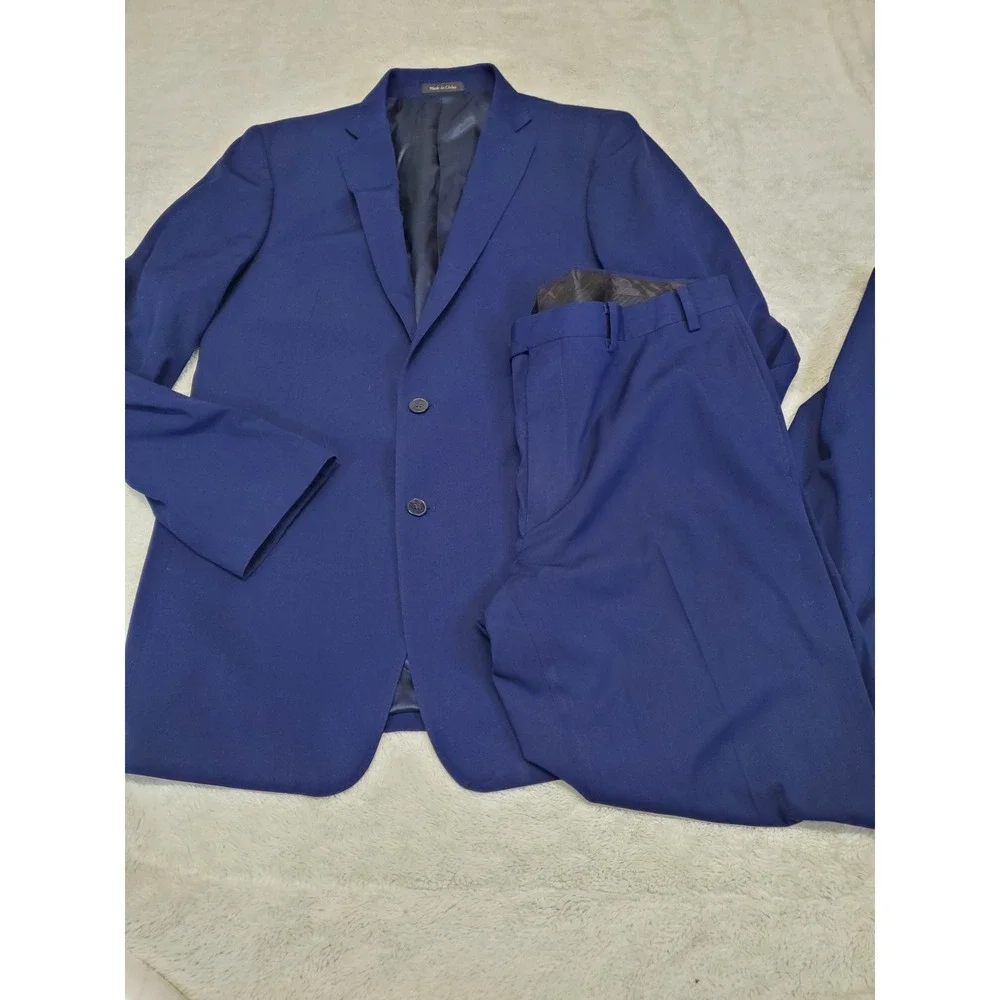 Calvin Klein Blue Office Suit Jacket Blazer 42L Pant 37x32 Classic Work Formal